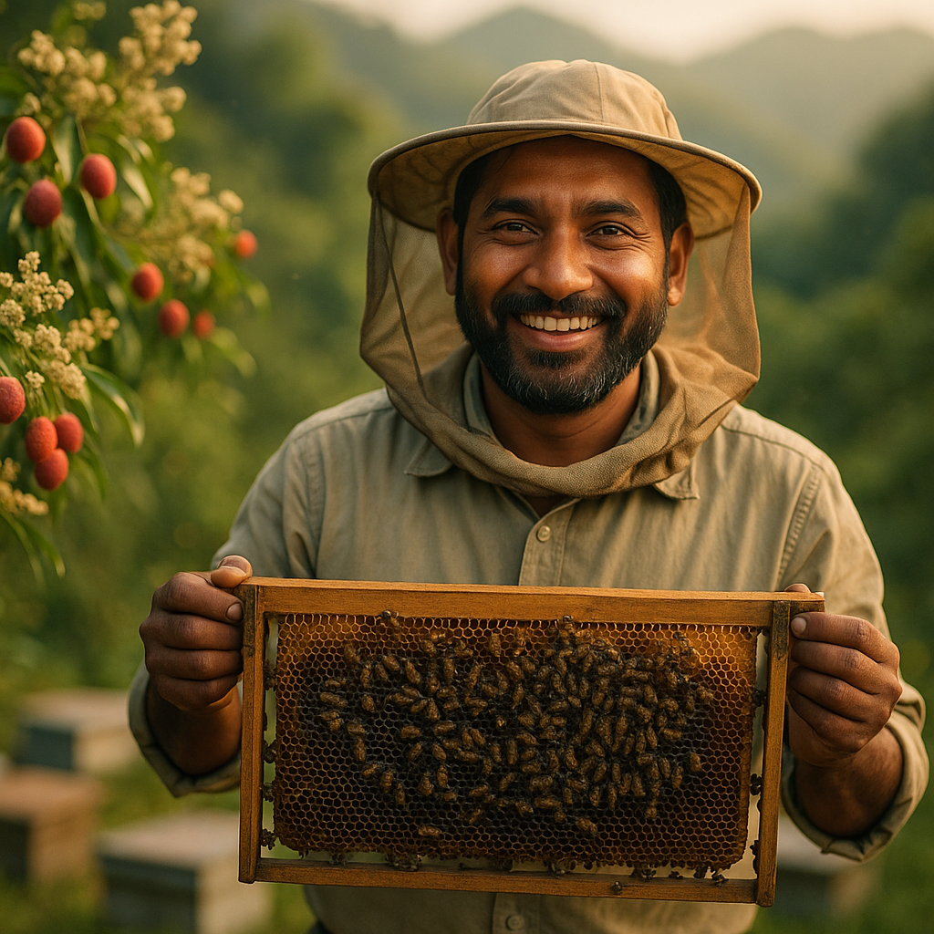 A smiling Indian local beekeeper holding a honeycomb frame beside flowering leeche trees